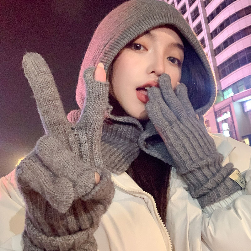 Hooded Knit Hat & Gloves Set