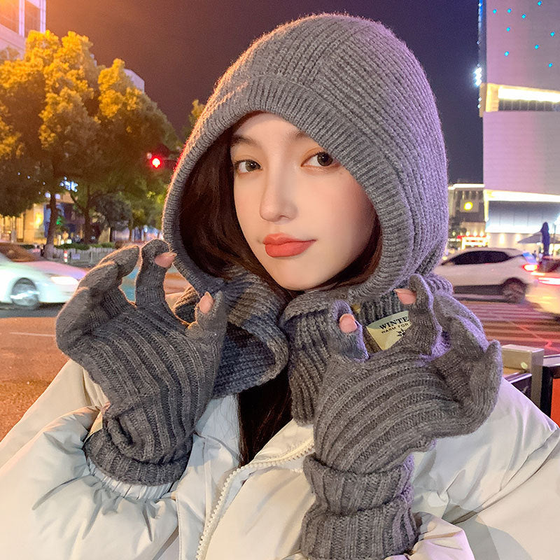 Hooded Knit Hat & Gloves Set