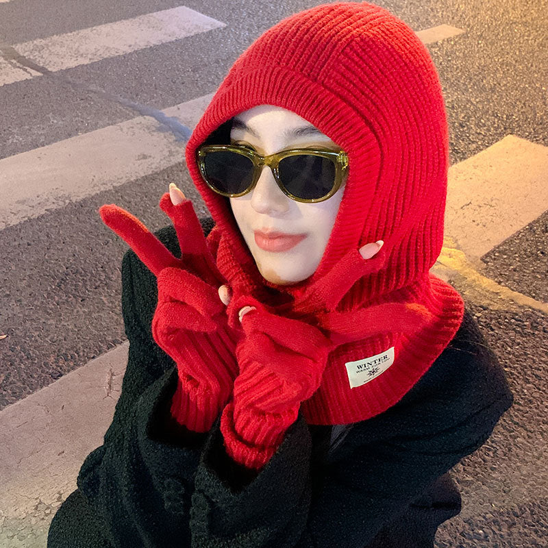 Hooded Knit Hat & Gloves Set