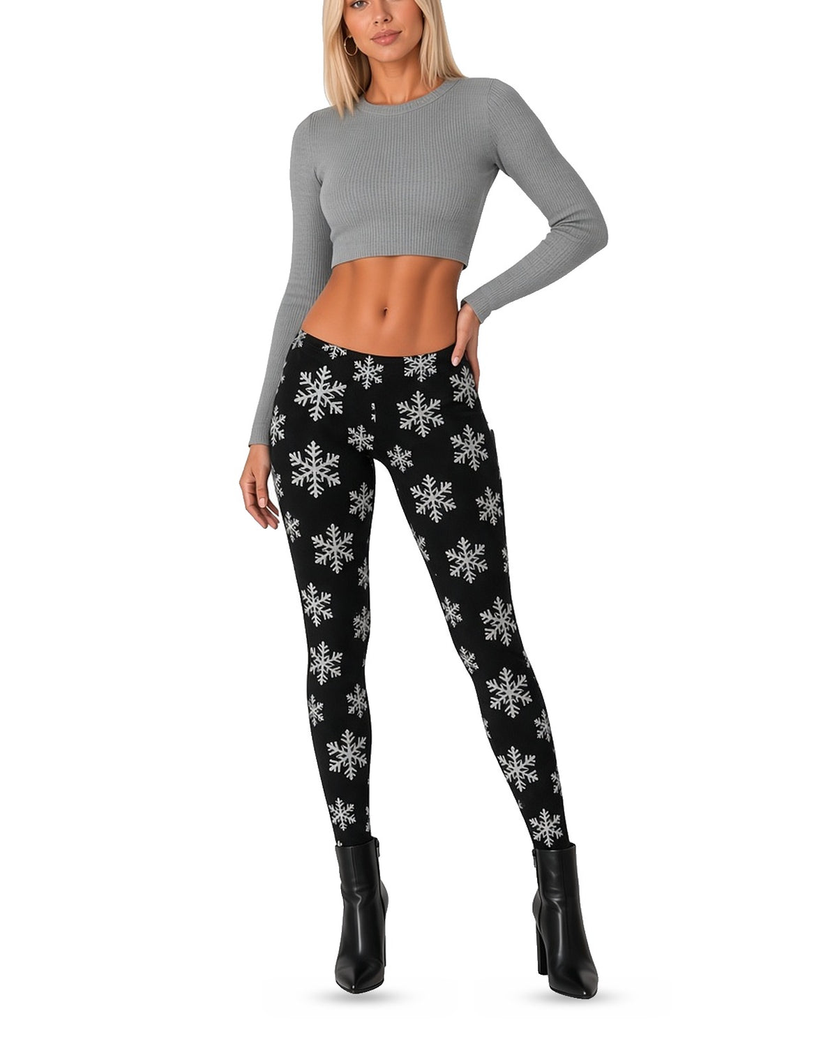 Black Snowflake Leggings in BLACK, front, worn by woman