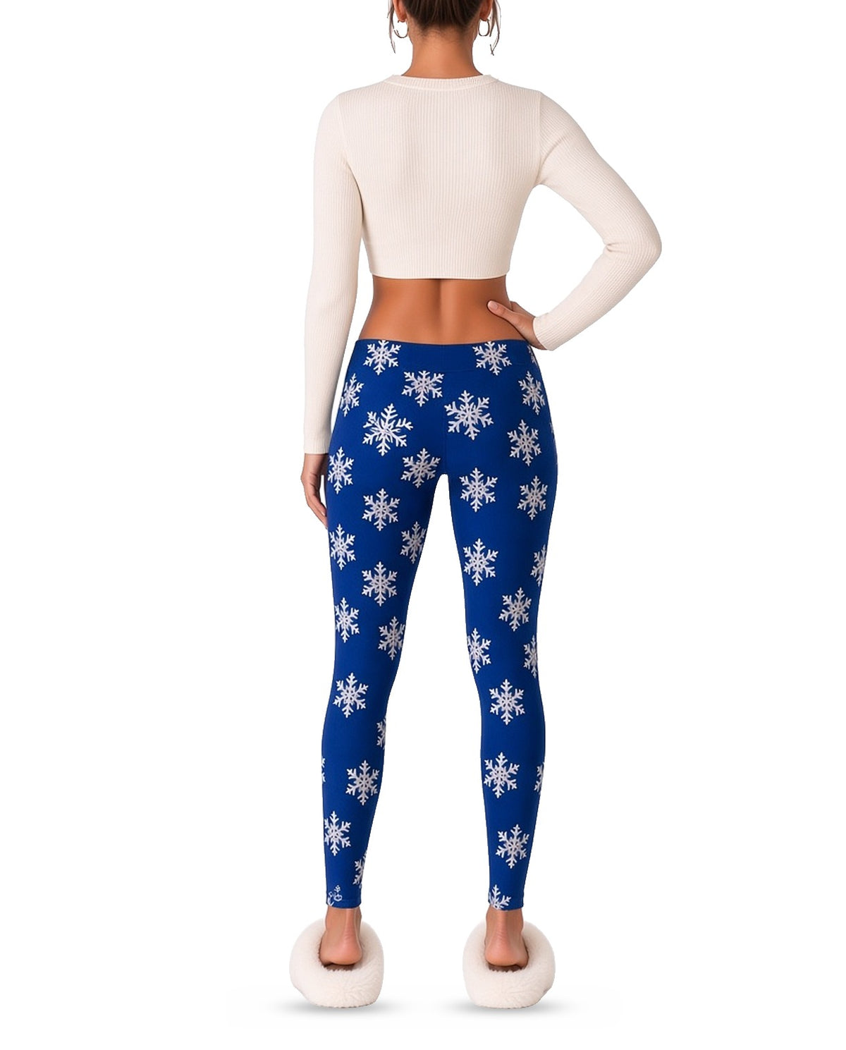 Blue Snowflake Leggings in BLUE, back, worn by woman