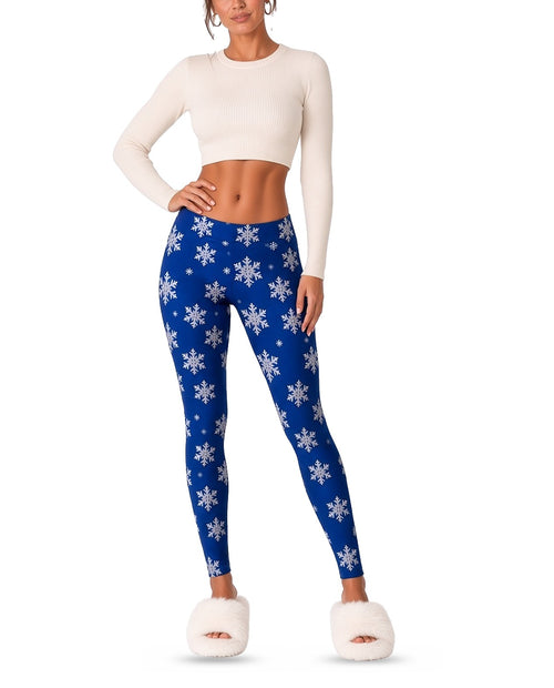 Blue Snowflake Leggings in BLUE, front, worn by woman