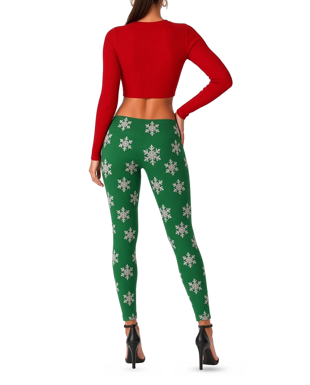 Green Snowflake Leggings in GREEN, back, worn by woman