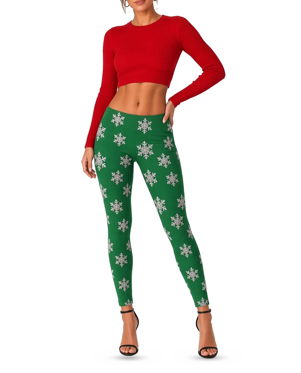 Green Snowflake Leggings in GREEN, front, worn by woman