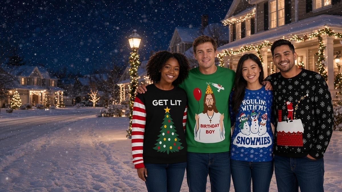 Friends in funny Rare TV Christmas sweaters on a snowy street at night