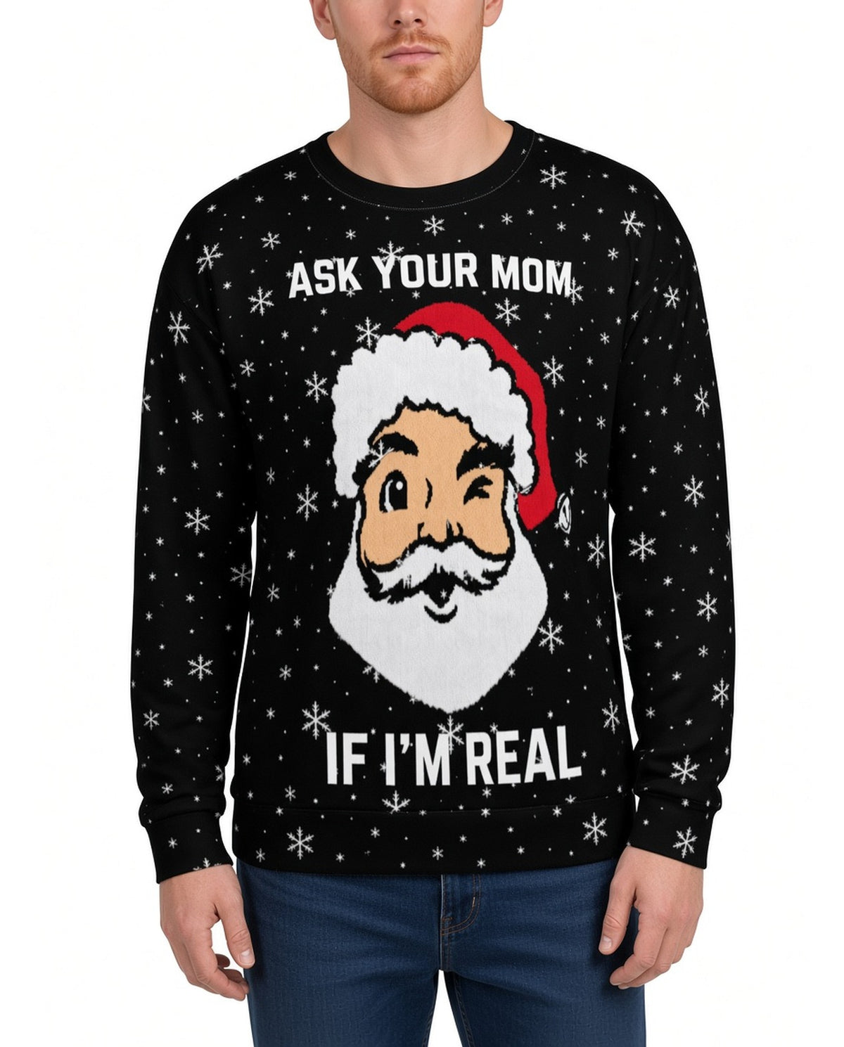 Ask Your Mom Funny Christmas Sweater in BLACK, front, worn by man