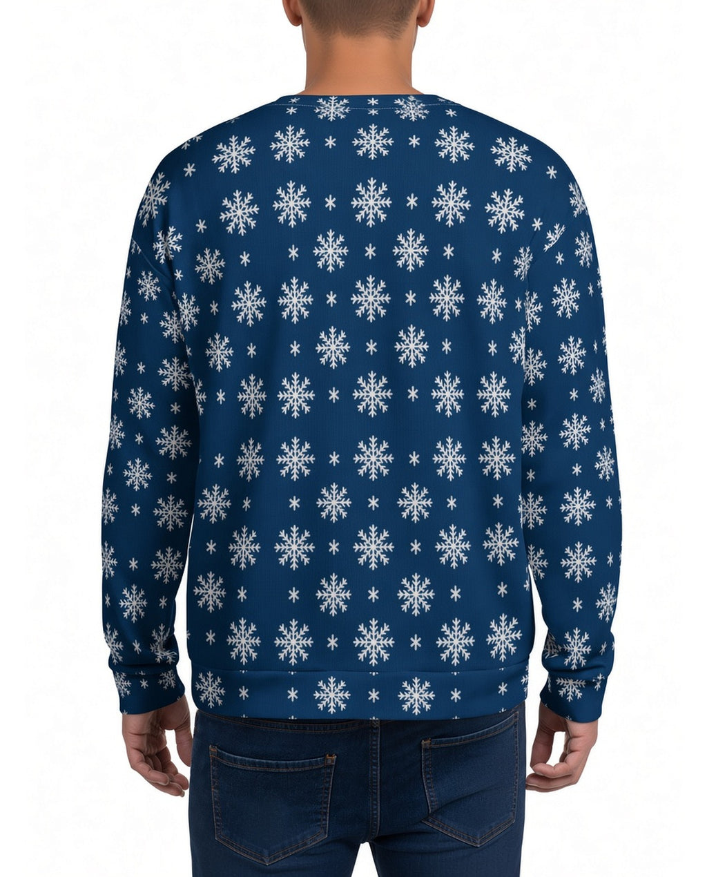 Boats and Ho Ho Hos Funny Christmas Sweater in BLUE, back, worn by man
