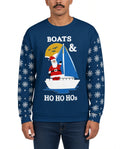 Boats and Ho Ho Hos Funny Christmas Sweater in BLUE, front, worn by man