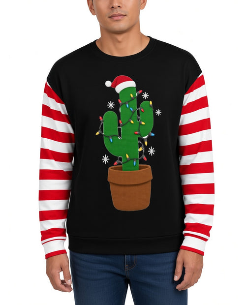 Cactus Tree Funny Christmas Sweater in BLACK, front, worn by man