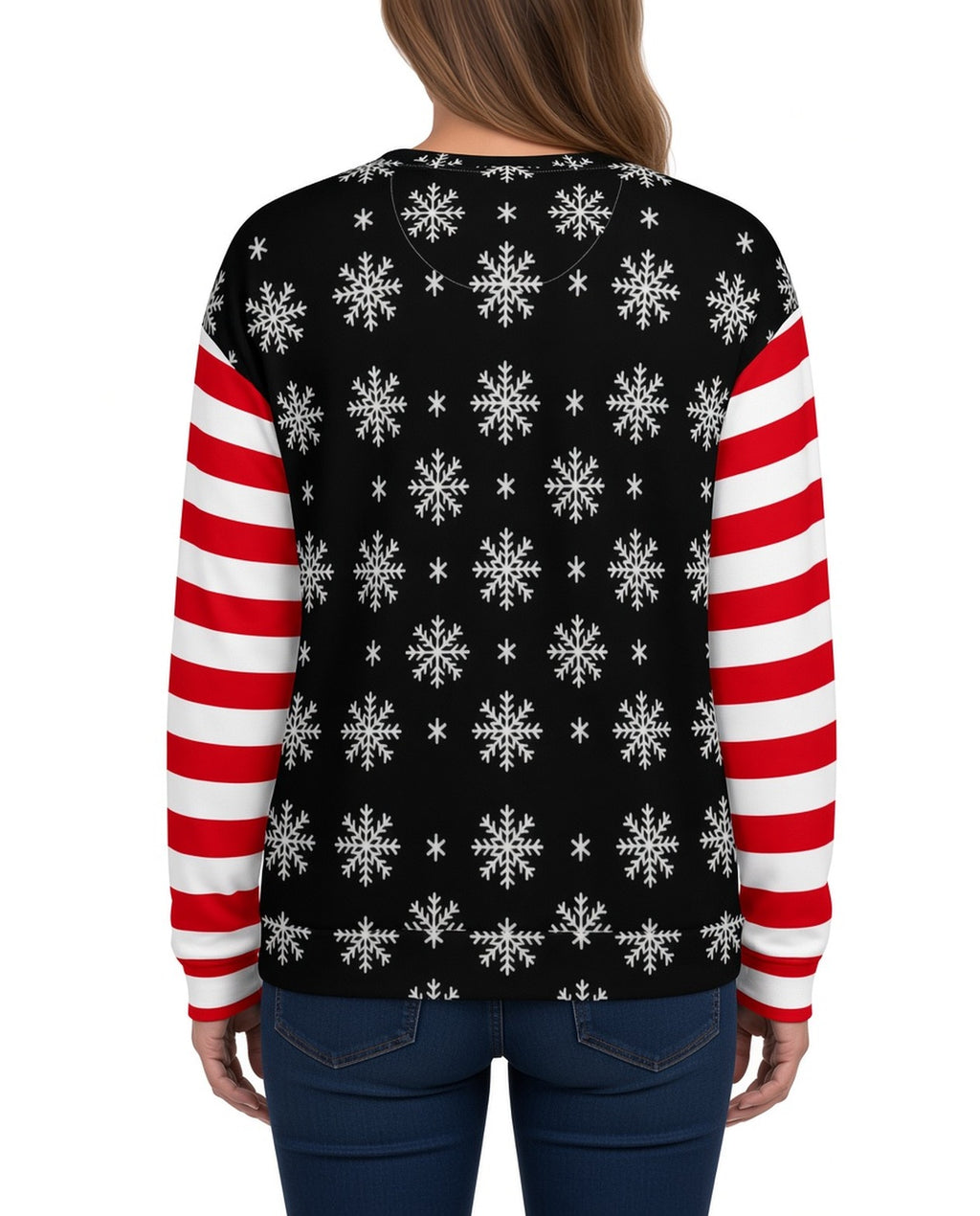 Cactus Tree Funny Christmas Sweater in BLACK, back, worn by woman