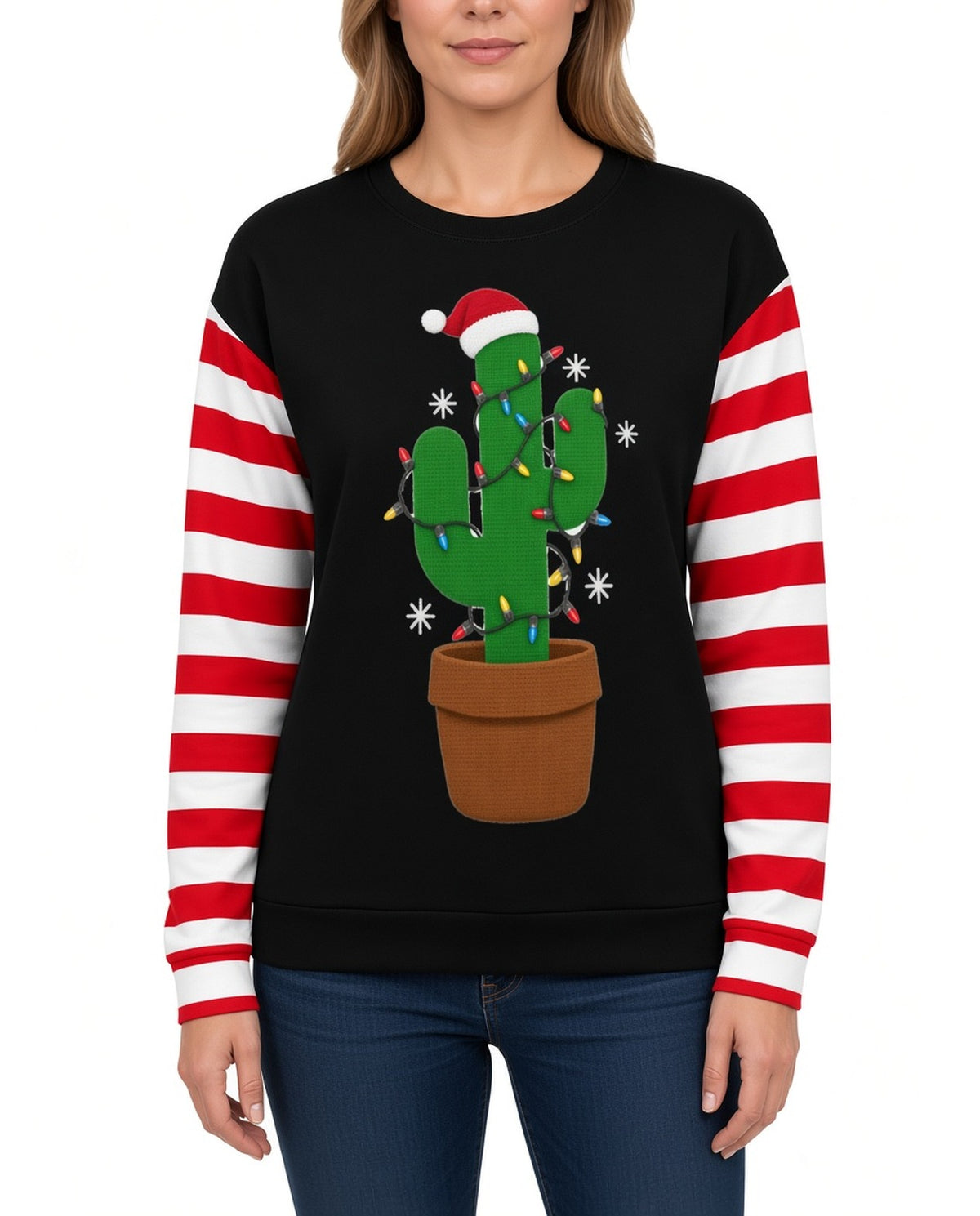 Cactus Tree Funny Christmas Sweater in BLACK, front, worn by woman
