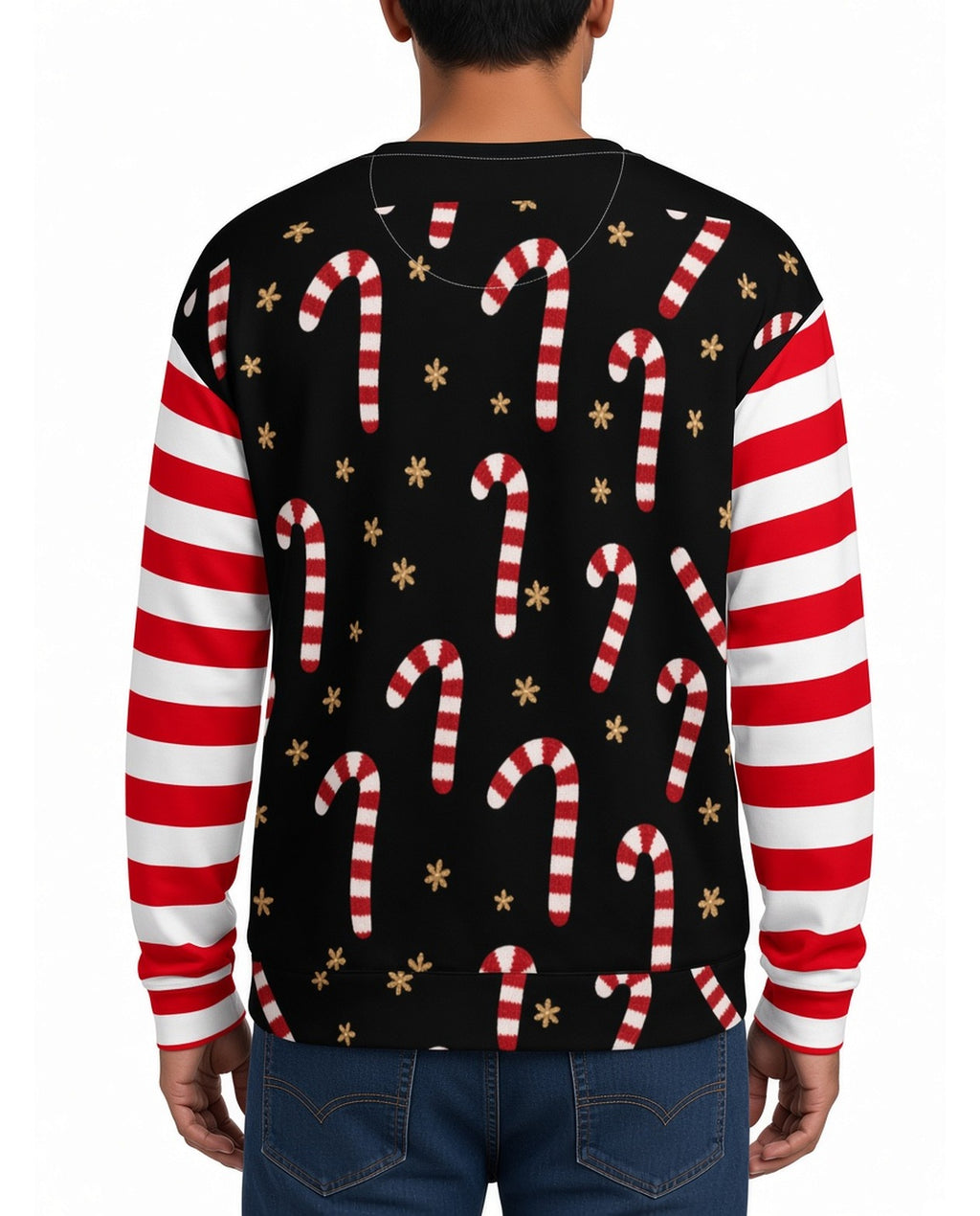 Candy Cane Funny Christmas Sweater in BLACK, back, worn by man