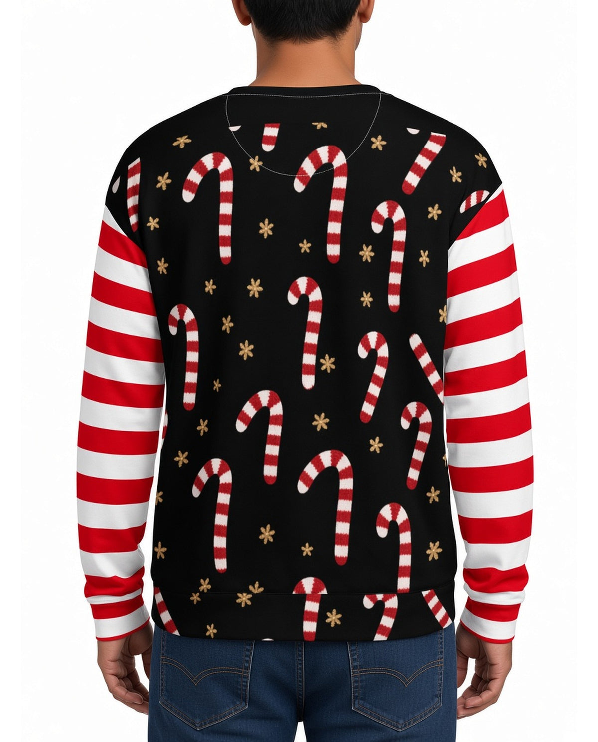 Candy Cane Funny Christmas Sweater in BLACK, back, worn by man