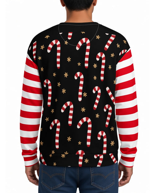 Candy Cane Funny Christmas Sweater in BLACK, back, worn by man