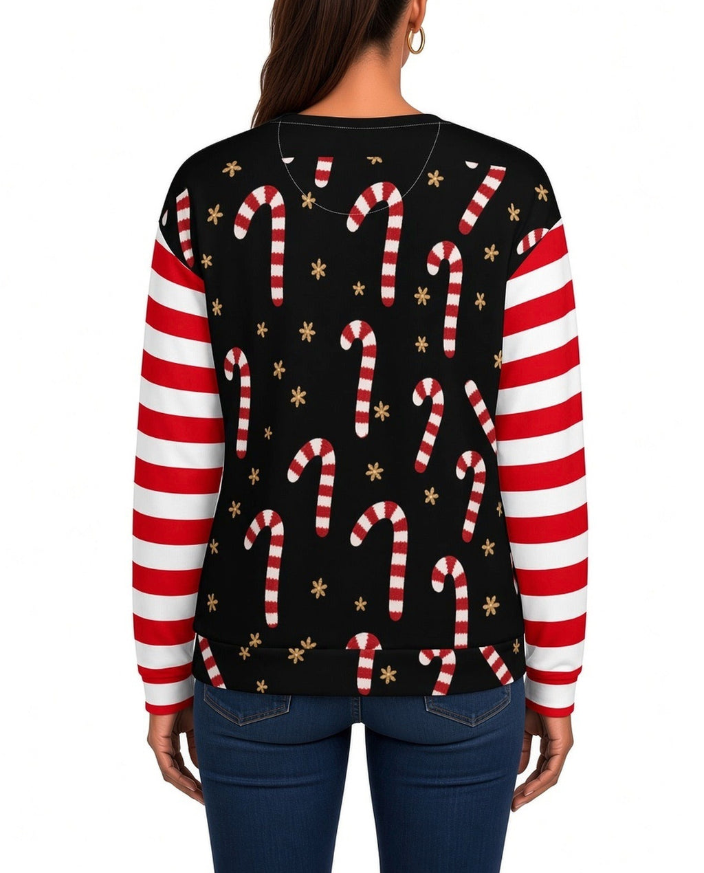 Candy Cane Funny Christmas Sweater in BLACK, back, worn by woman