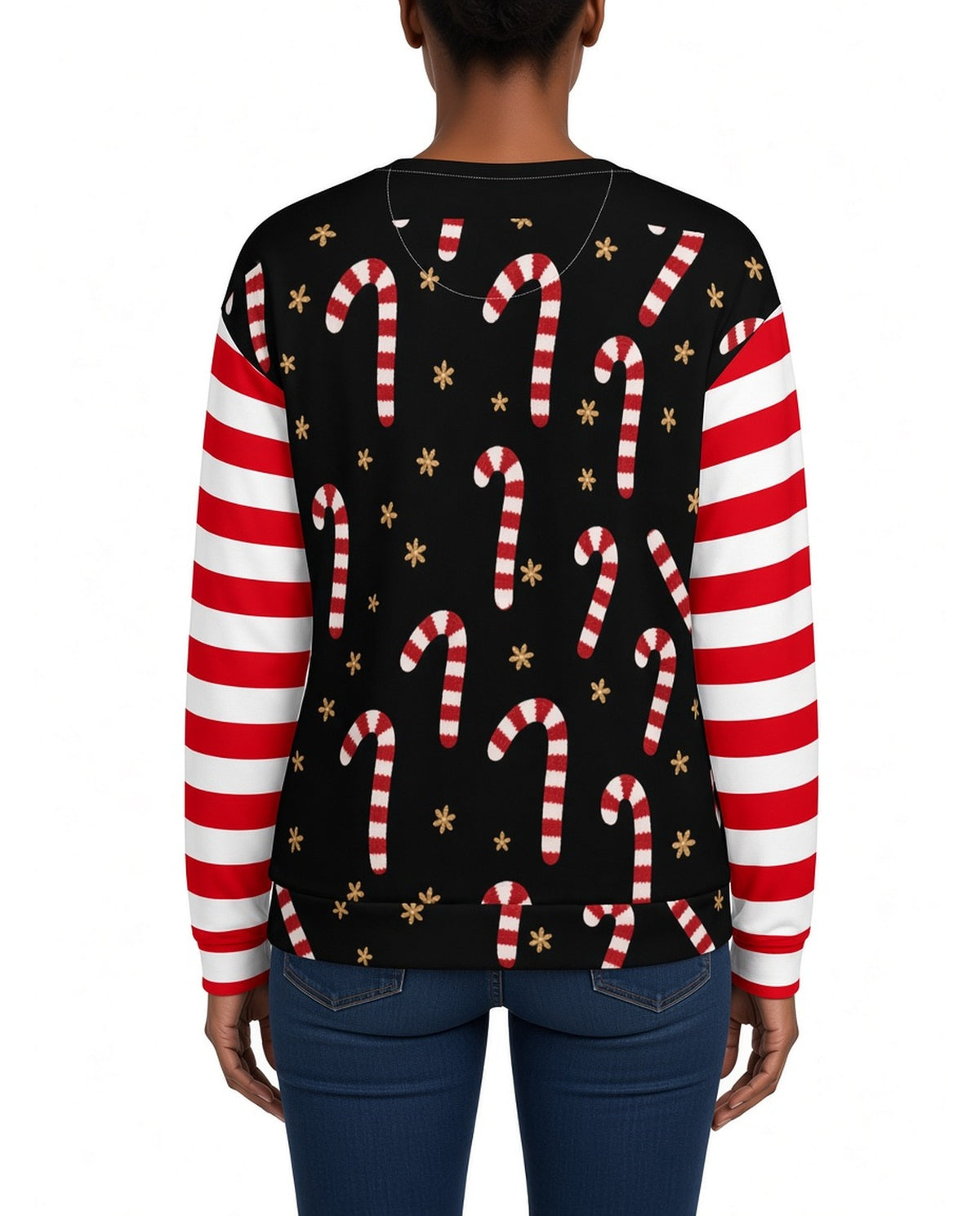 Candy Cane Funny Christmas Sweater in BLACK, back, worn by woman