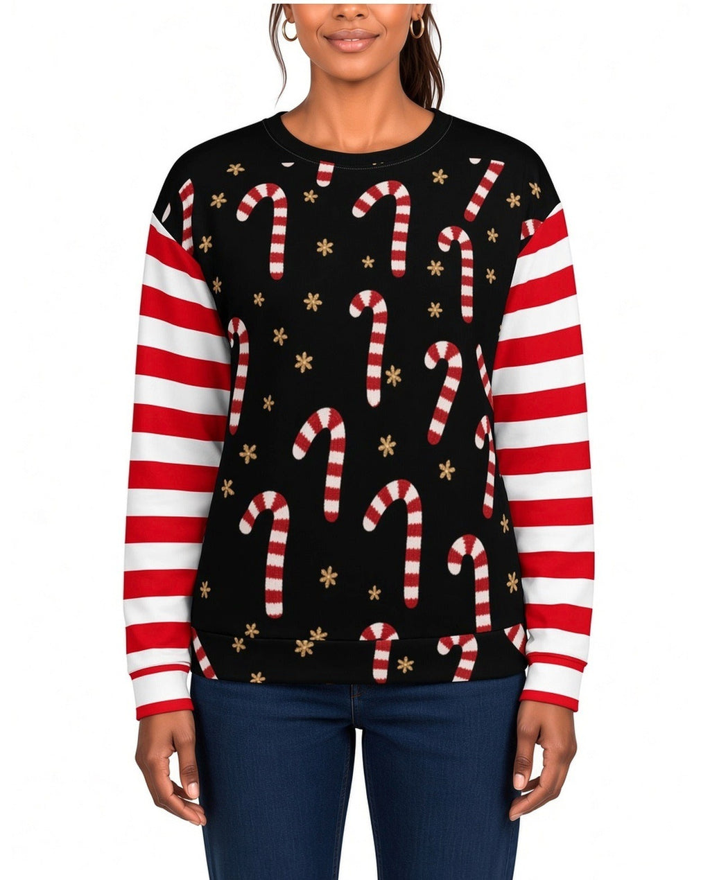Candy Cane Funny Christmas Sweater in BLACK, front, worn by woman