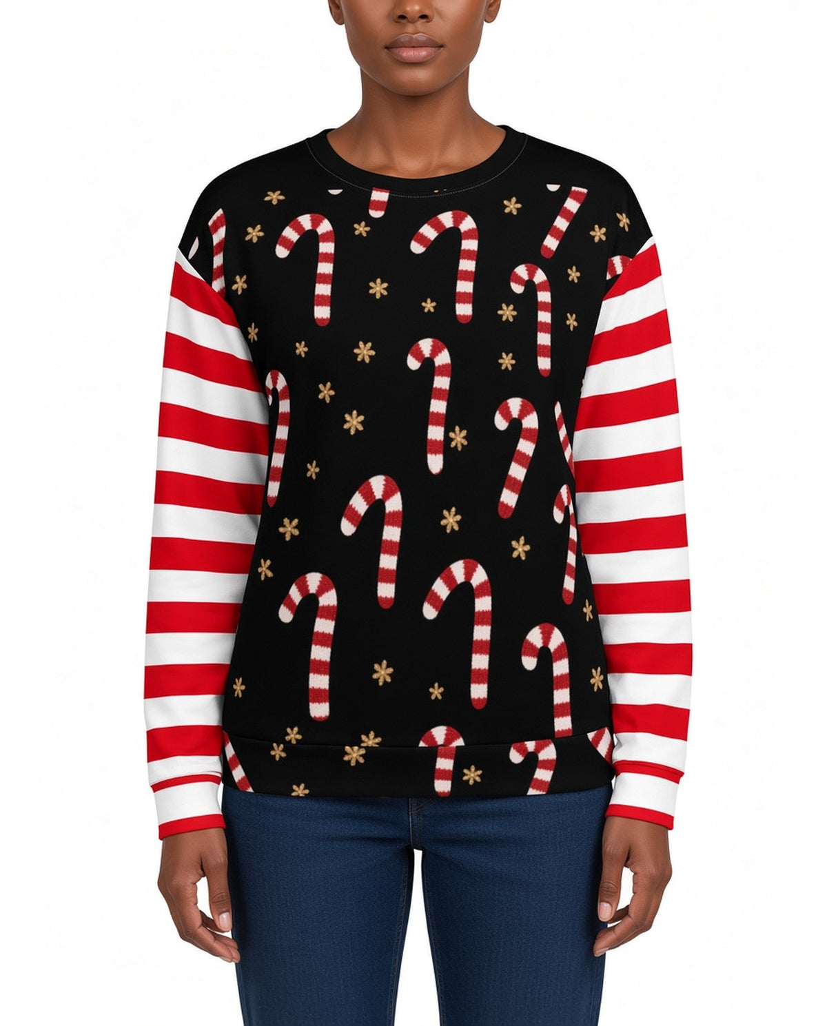 Candy Cane Funny Christmas Sweater in BLACK, front, worn by woman