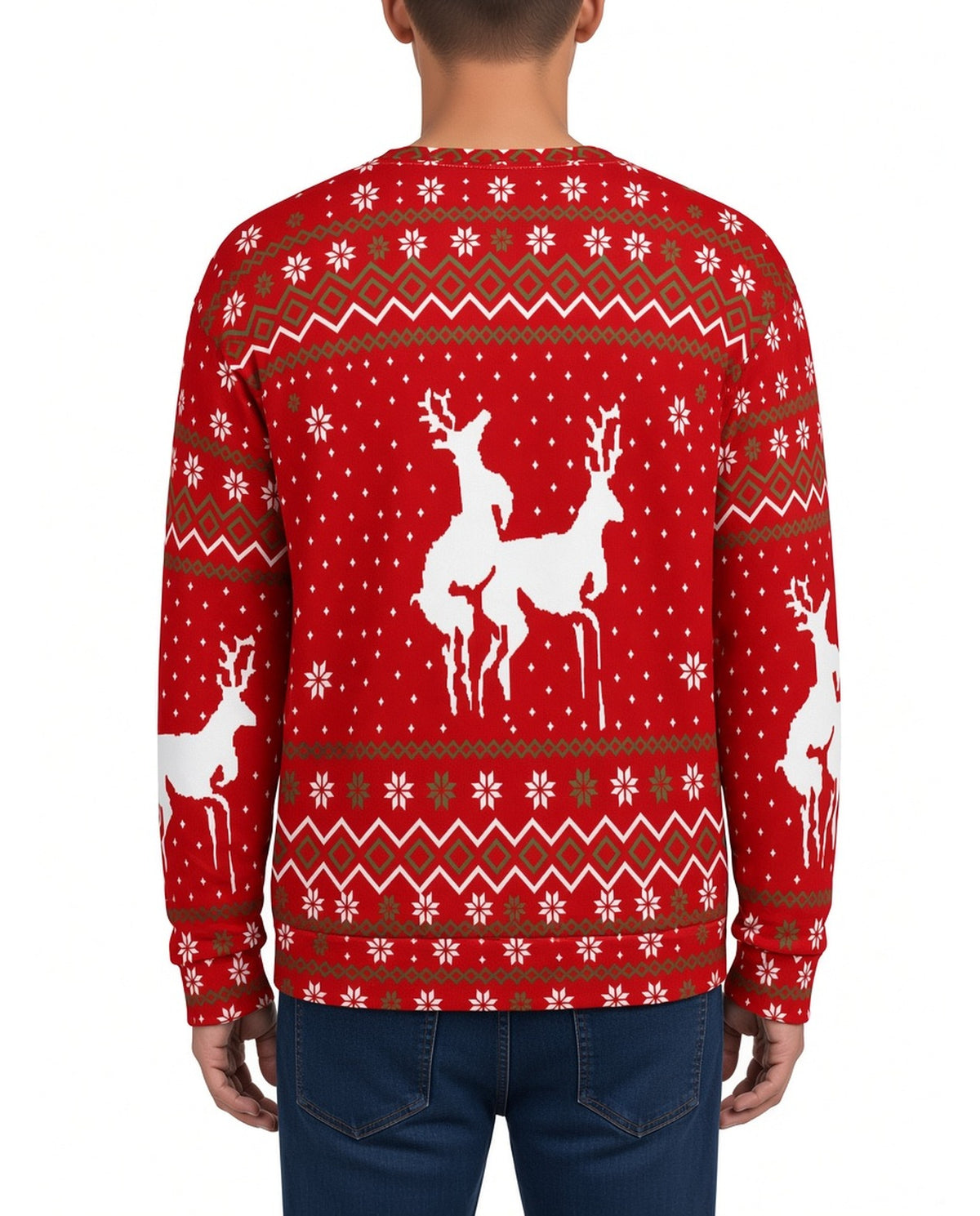 Christmas Climax Humping Reindeer Funny Christmas Sweater in RED, back, worn by man