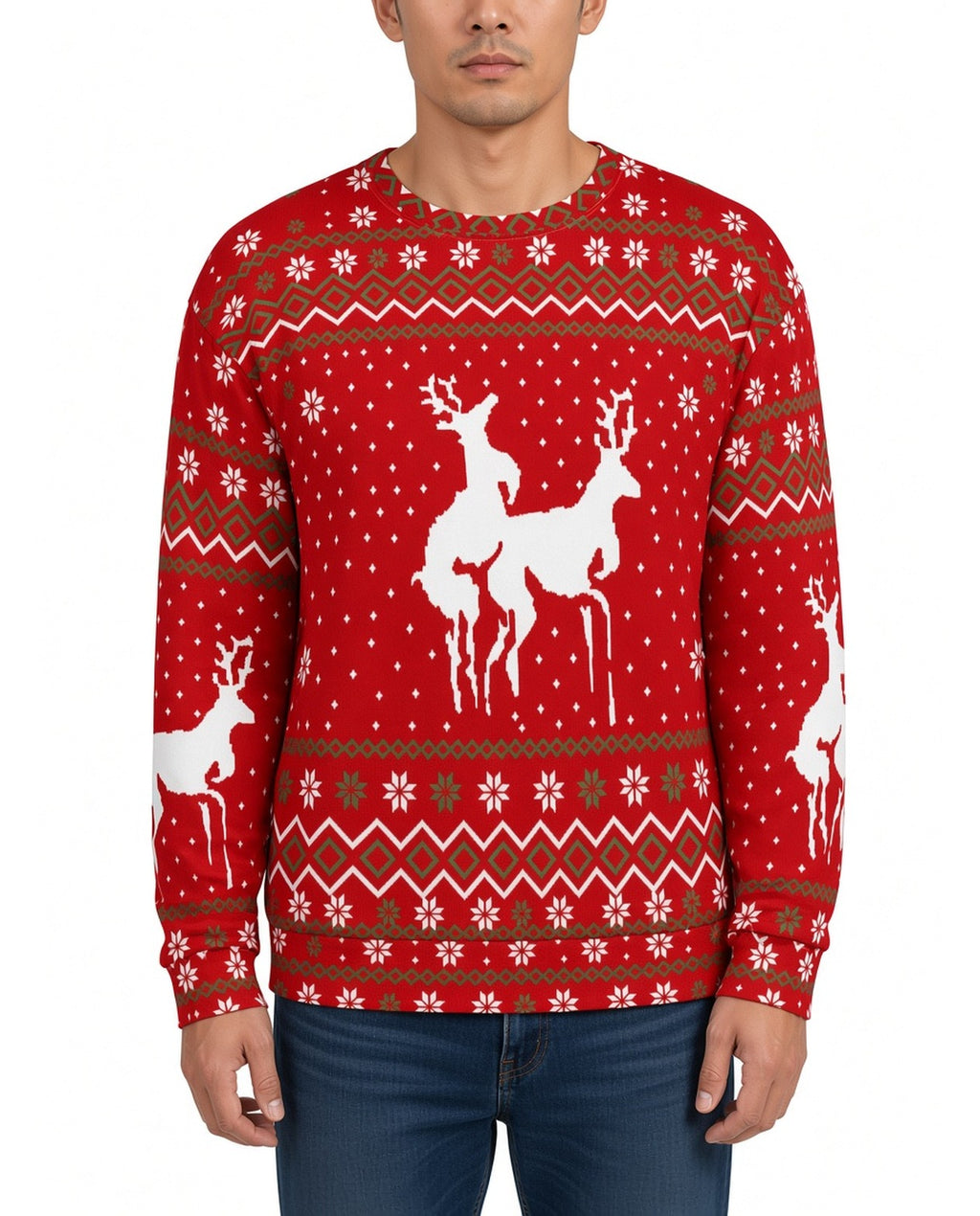 Christmas Climax Humping Reindeer Funny Christmas Sweater in RED, front, worn by man