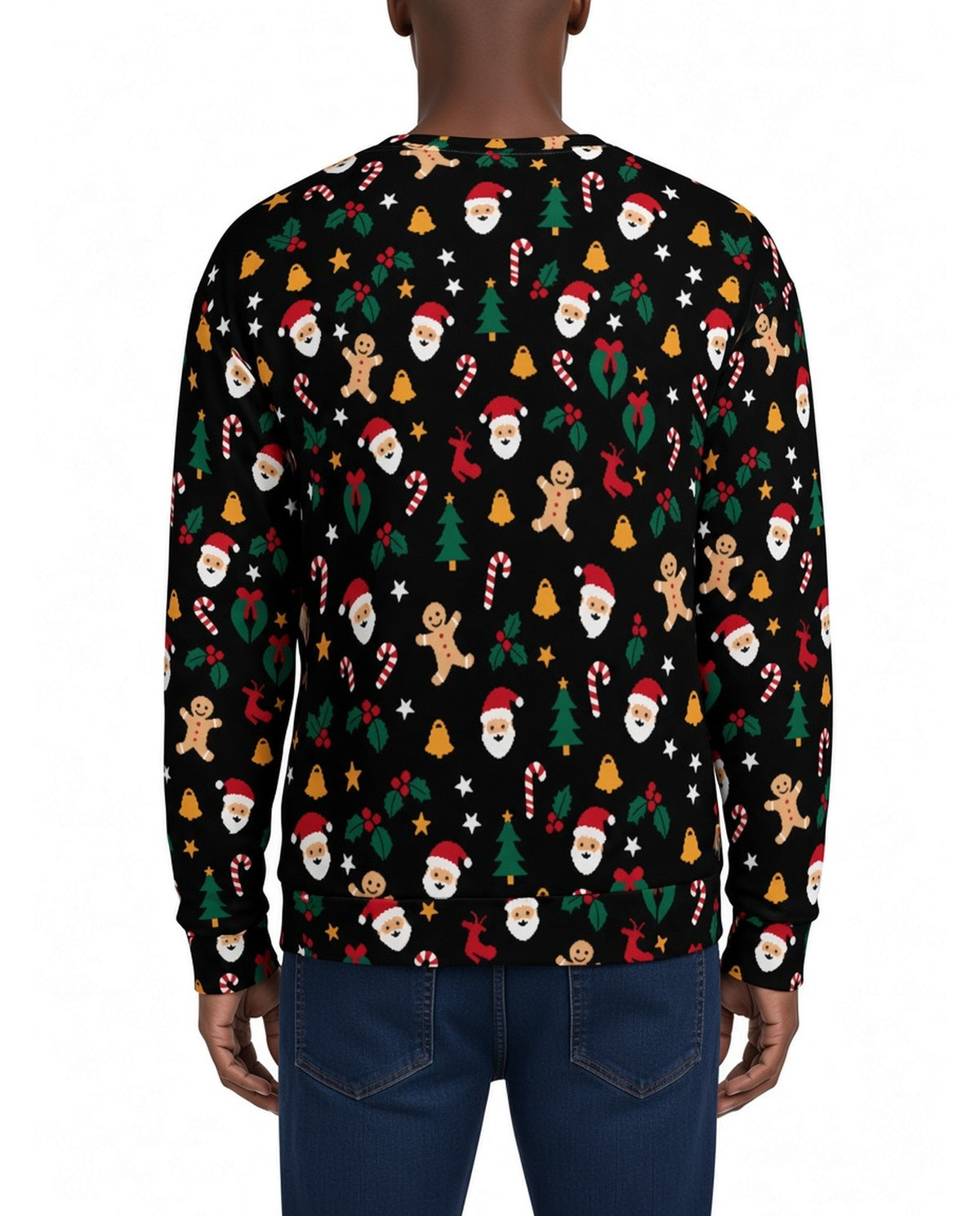 Cookie Cutter Funny Christmas Sweater in BLACK, back, worn by man