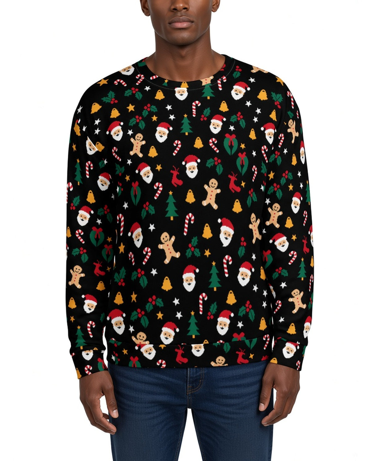 Cookie Cutter Funny Christmas Sweater in BLACK, front, worn by man
