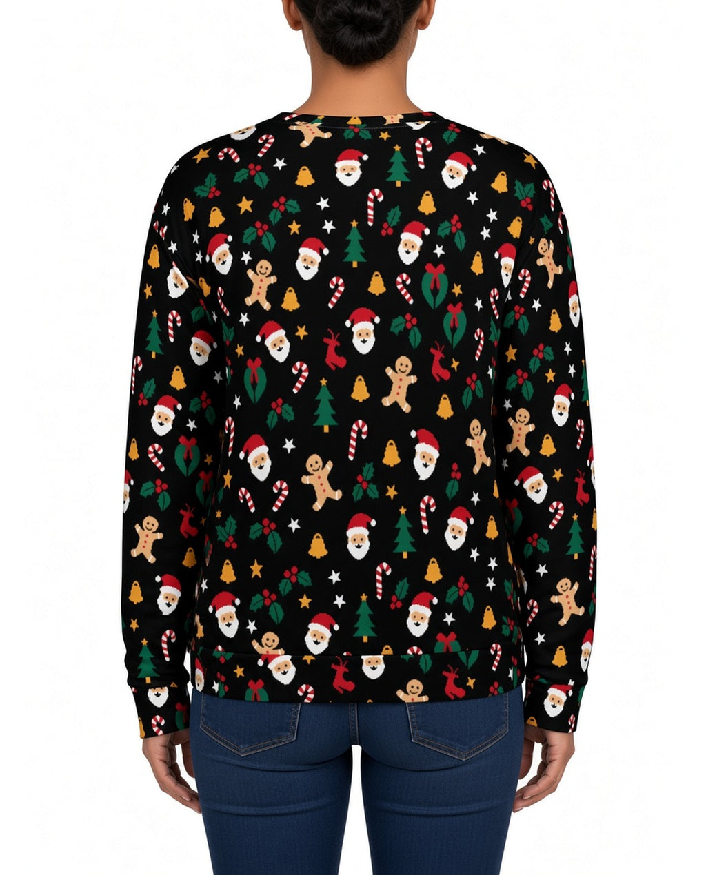 Cookie Cutter Funny Christmas Sweater in BLACK, back, worn by woman
