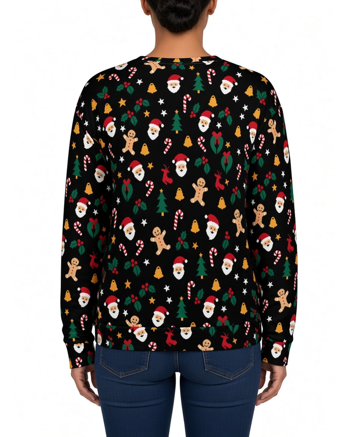 Cookie Cutter Funny Christmas Sweater in BLACK, back, worn by woman