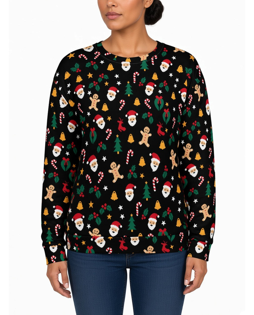 Cookie Cutter Funny Christmas Sweater in BLACK, front, worn by woman