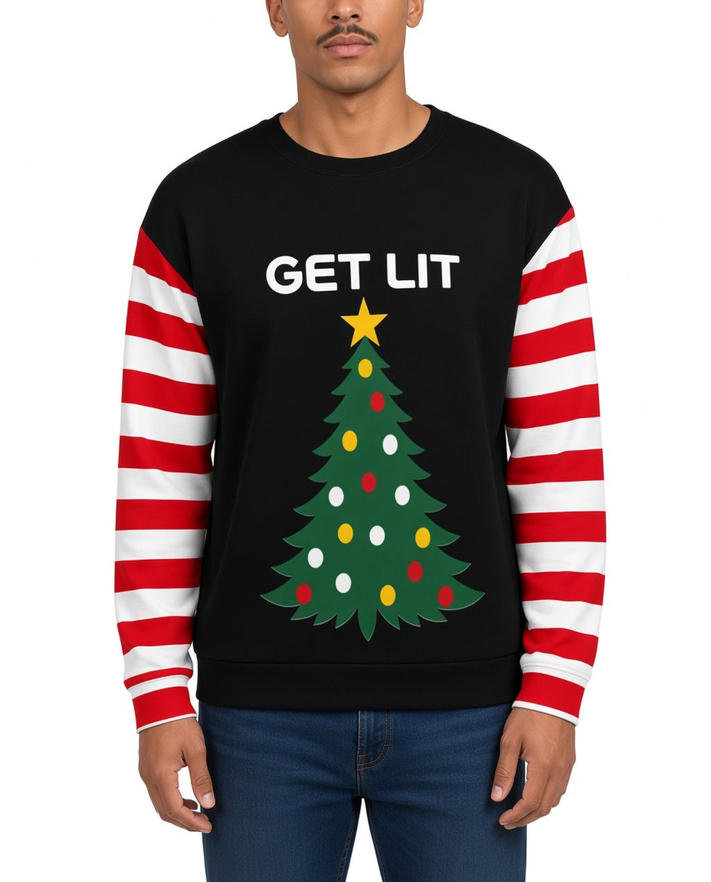 Get Lit Tree Funny Christmas Sweater in BLACK, front, worn by man