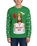 Happy Birthday Jesus Christmas Sweater in GREEN, front, worn by man