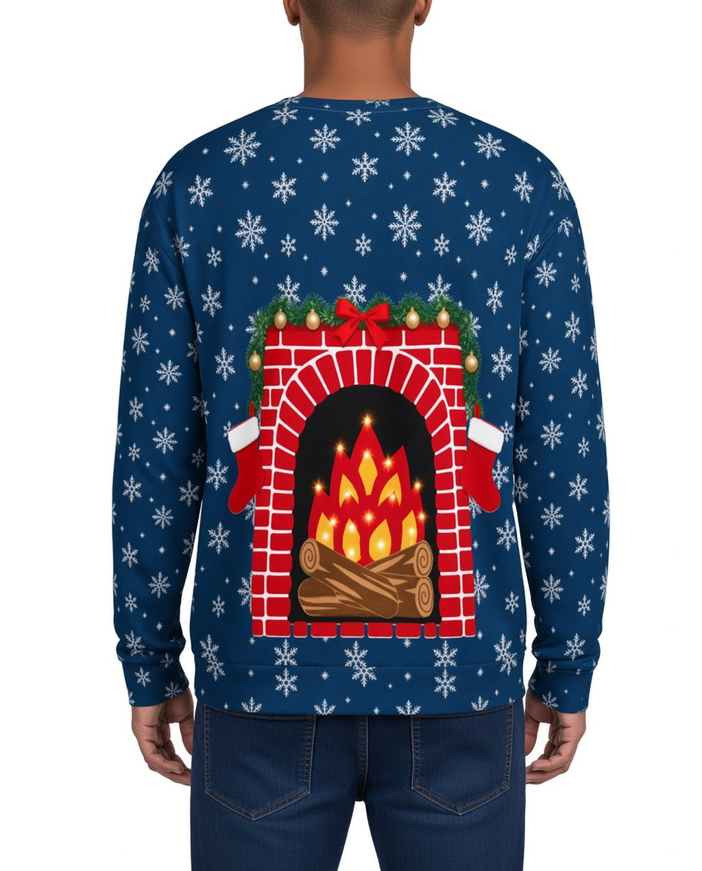 Horny Reindeer Christmas Sweater in BLUE, back, worn by man
