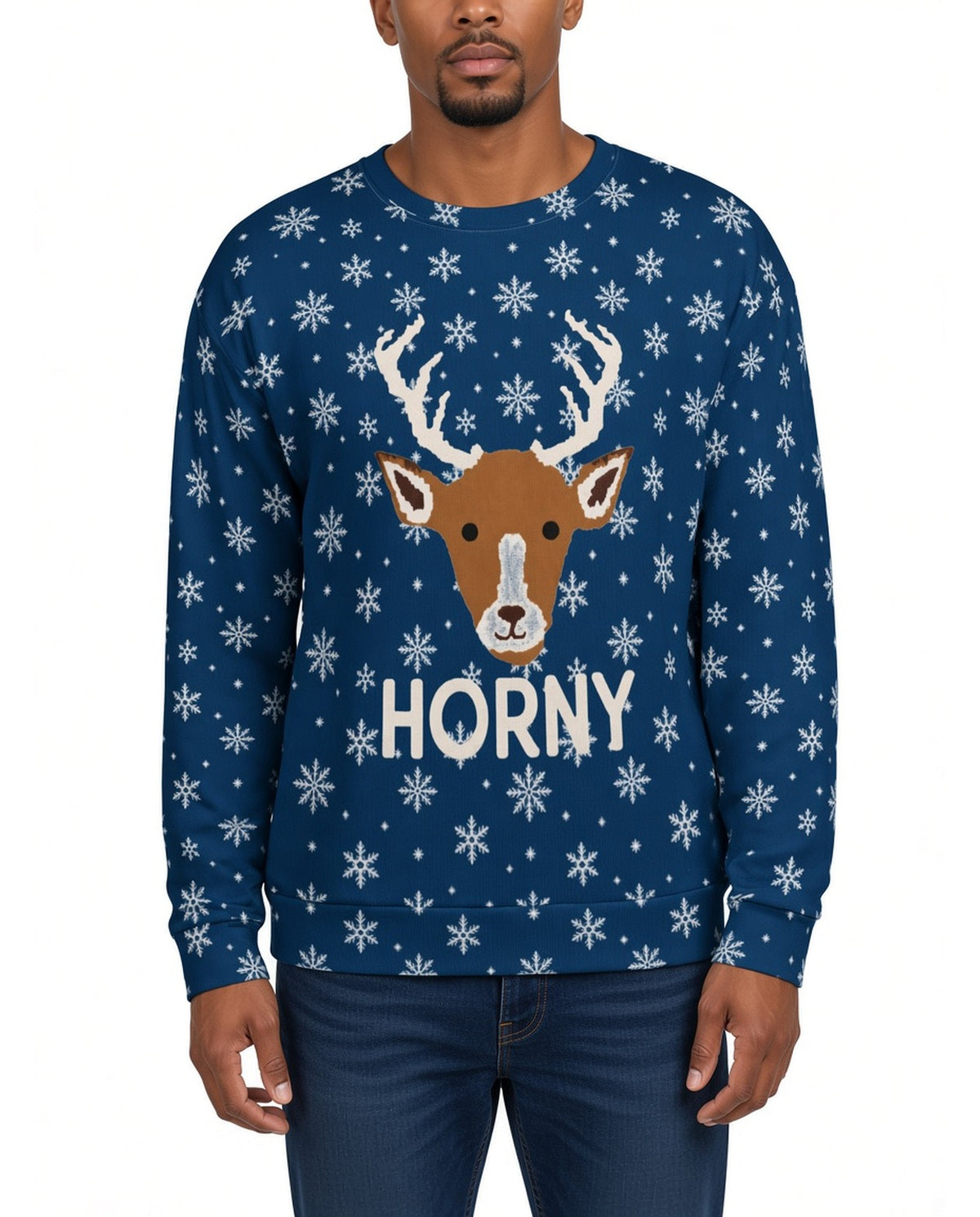 Horny Reindeer Christmas Sweater in BLUE, front, worn by man