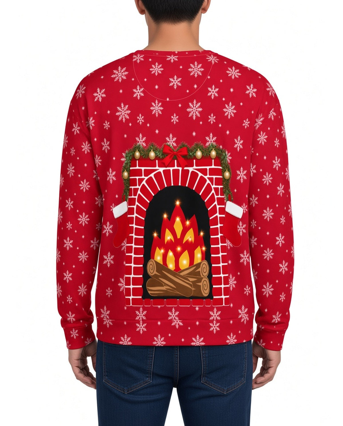 Horny Reindeer Christmas Sweater in RED, back, worn by man