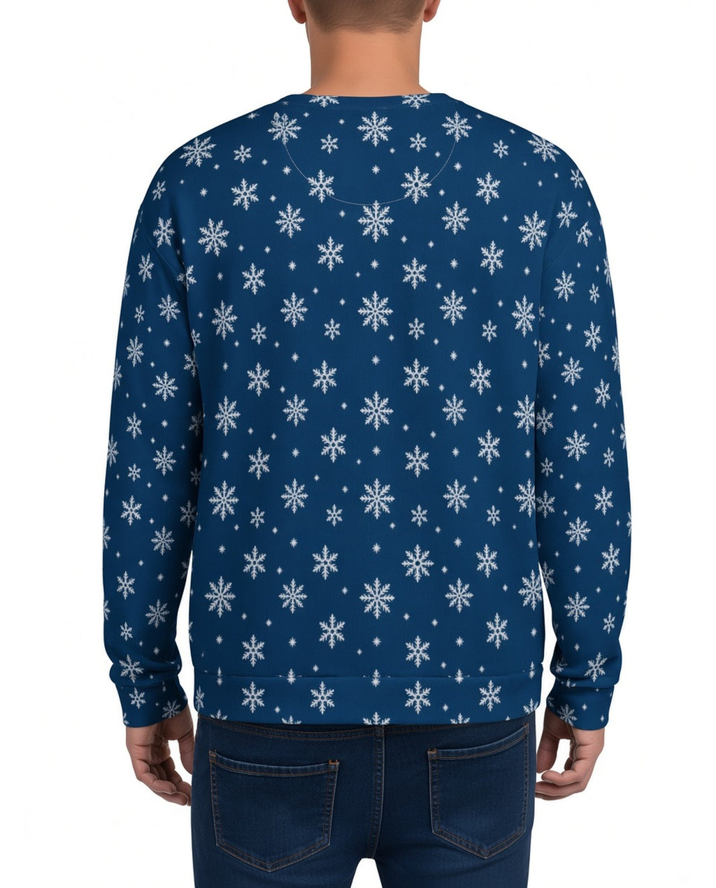 Jingle Baller Funny Christmas Sweater in BLUE, back, worn by man