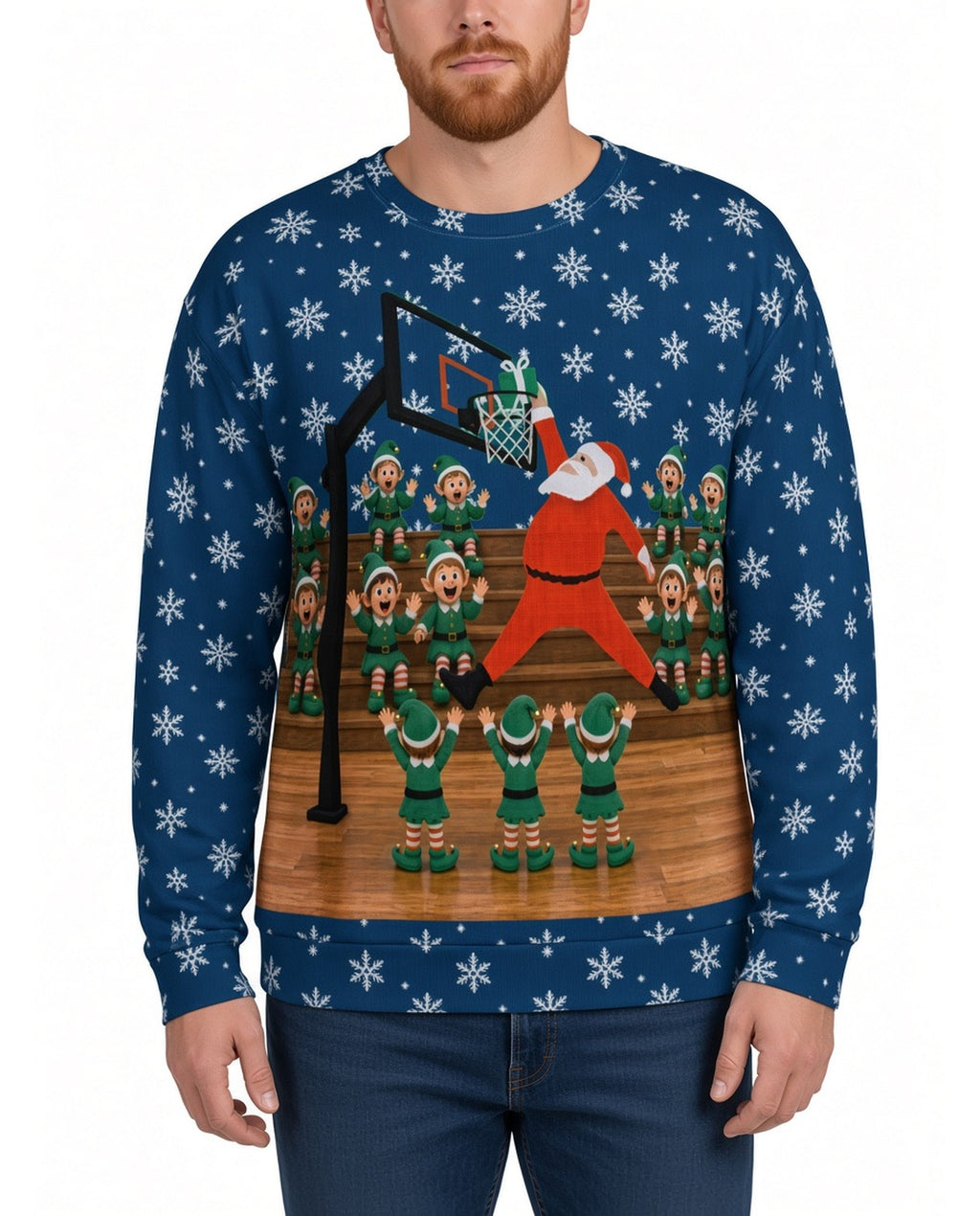 Jingle Baller Funny Christmas Sweater in BLUE, front, worn by man