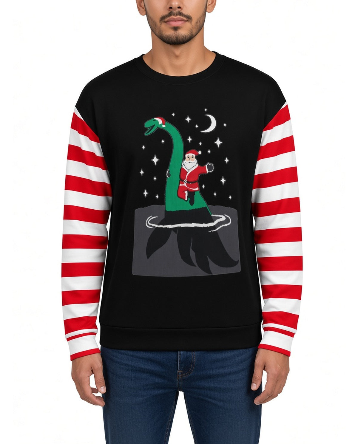 Nessie Funny Christmas Sweater in BLACK, front, worn by man