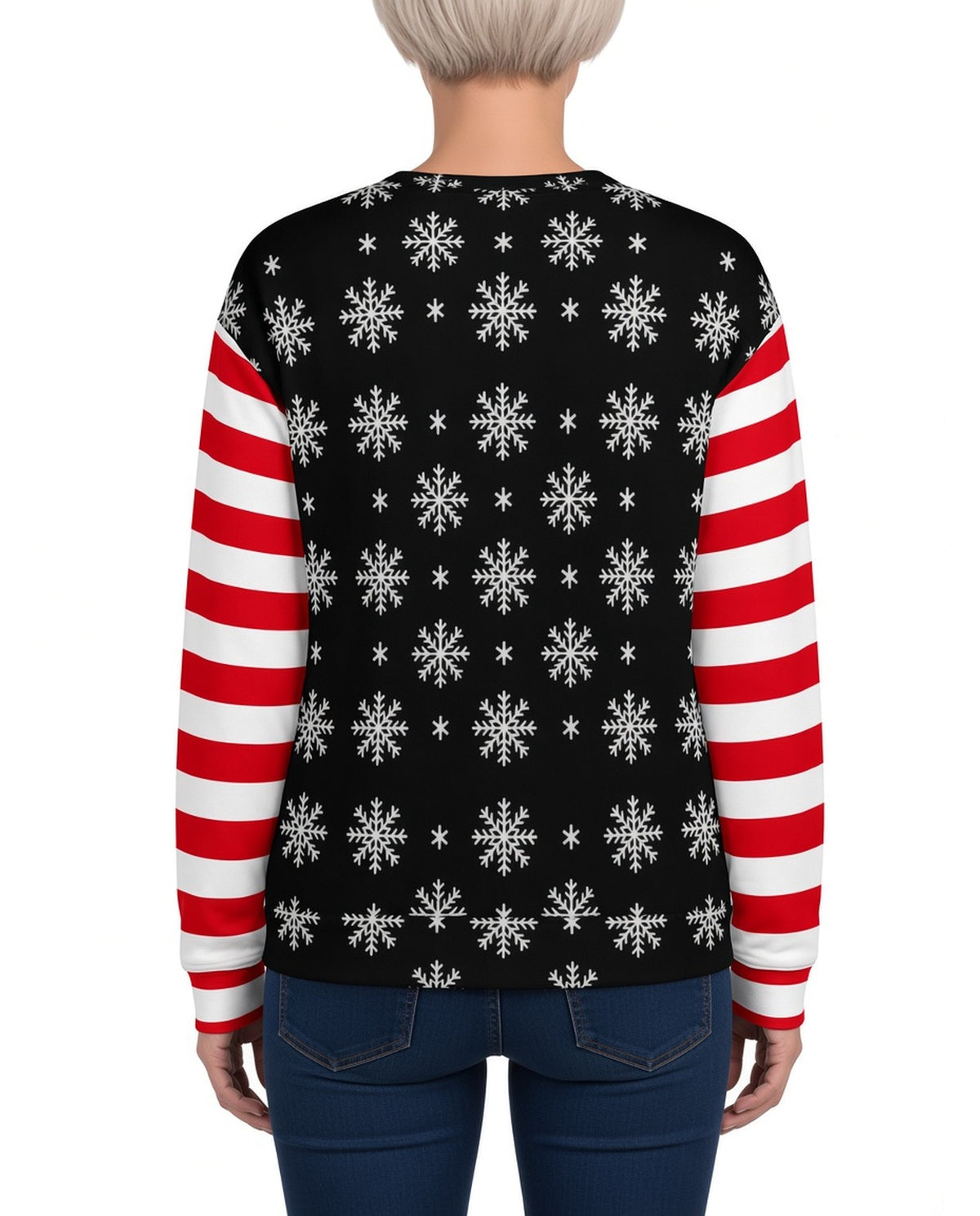 Nessie Funny Christmas Sweater in BLACK, back, worn by woman