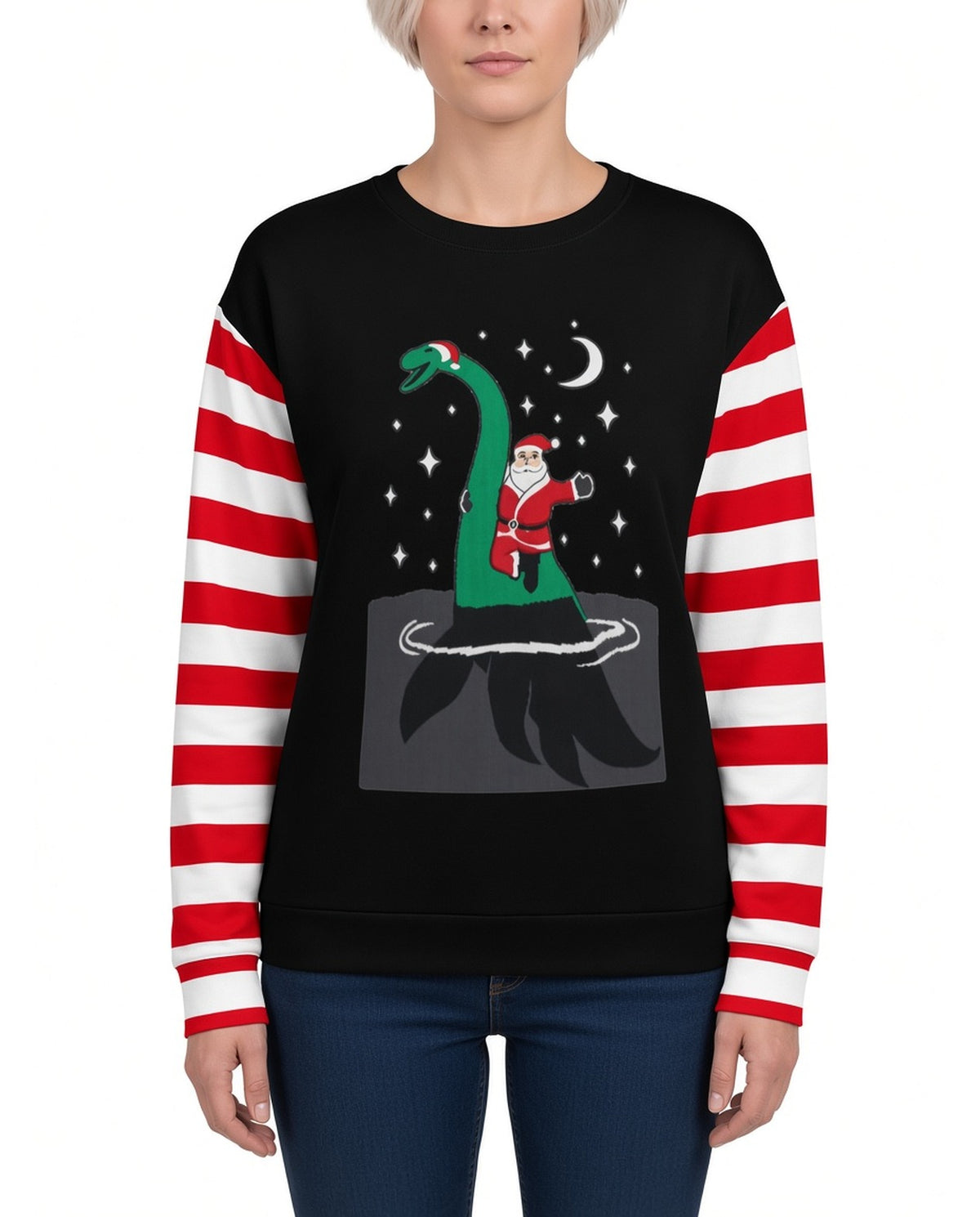 Nessie Funny Christmas Sweater in BLACK, front, worn by woman