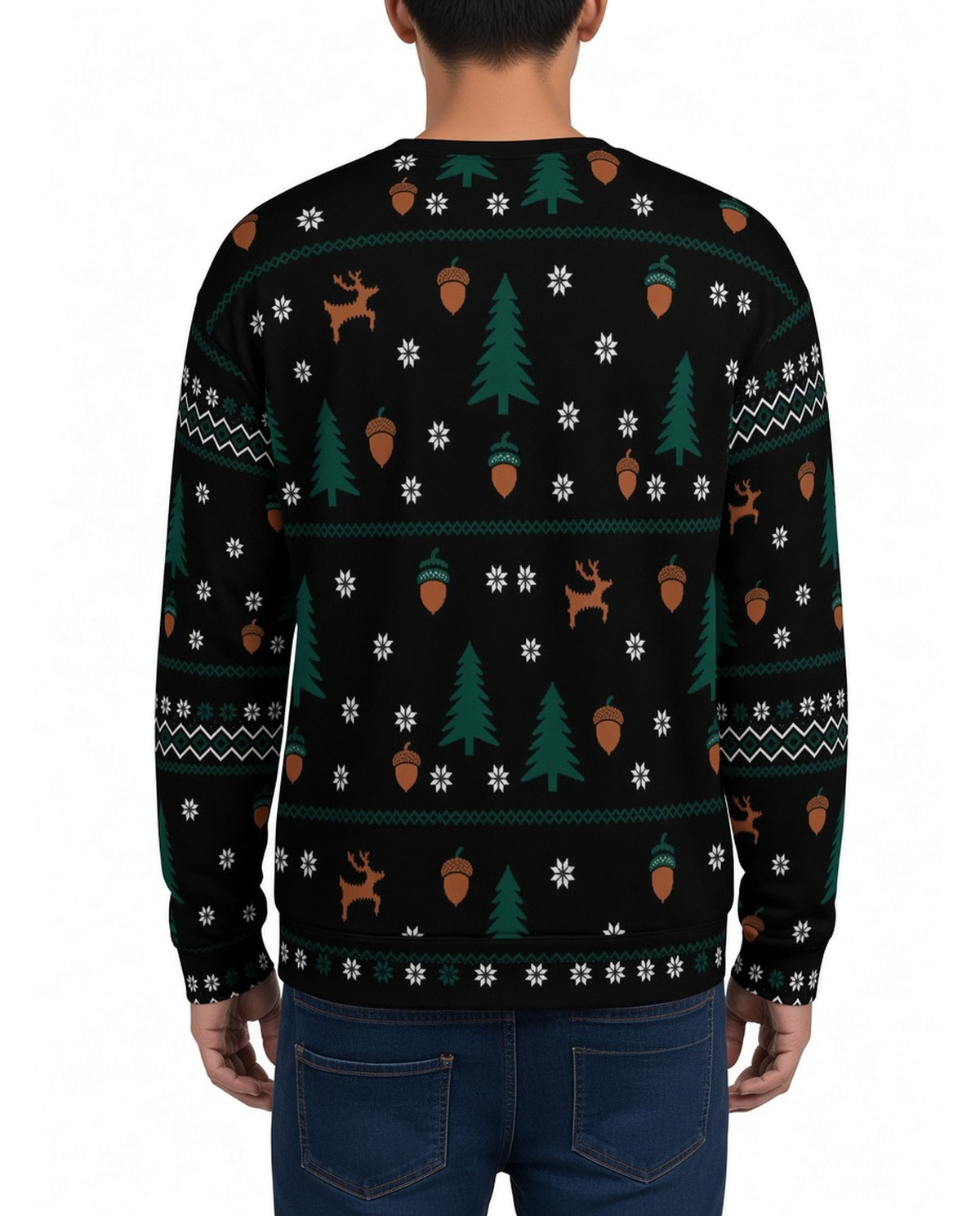 Nutty Noel Funny Christmas Sweater in BLACK, back, worn by man