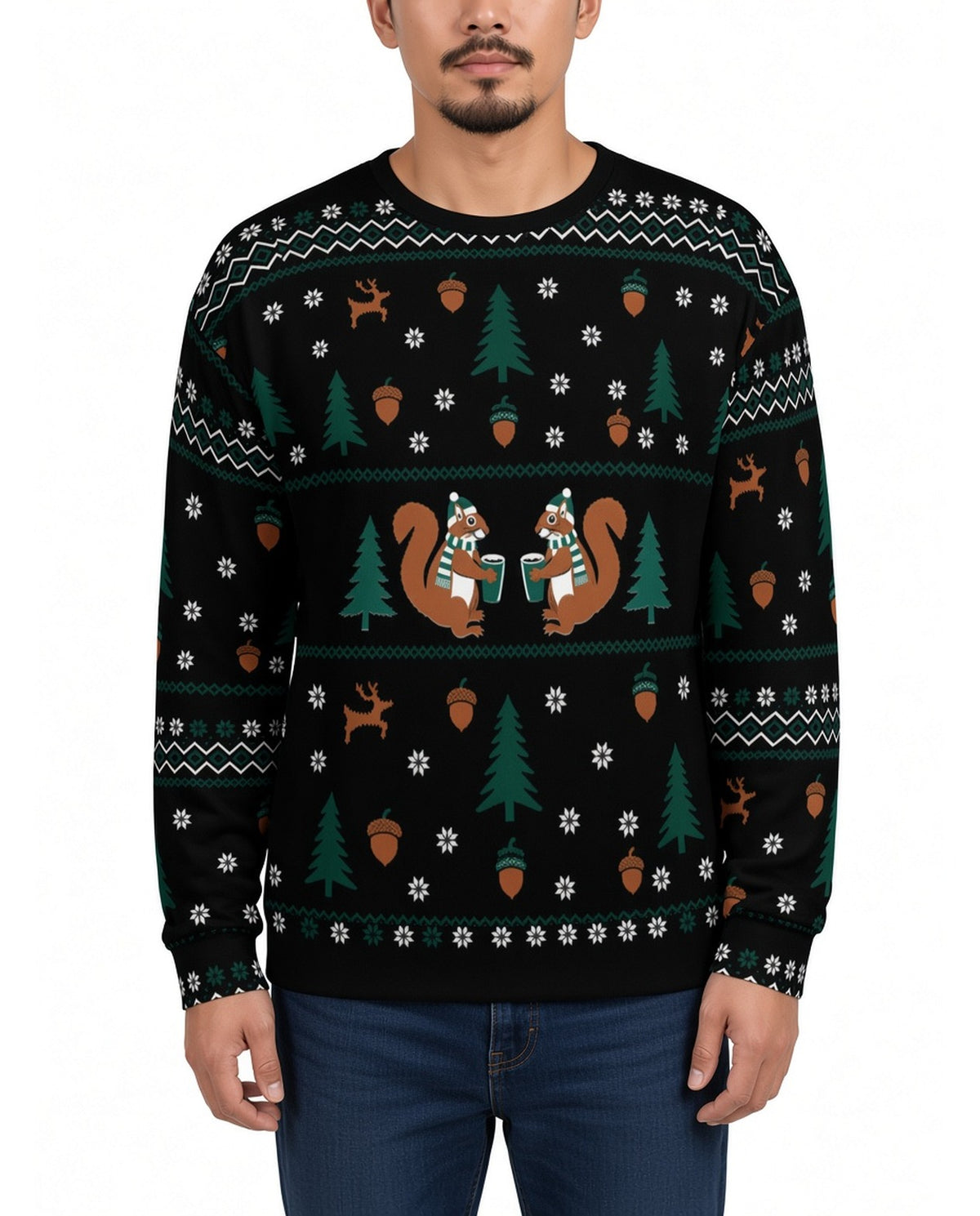 Nutty Noel Funny Christmas Sweater in BLACK, front, worn by man