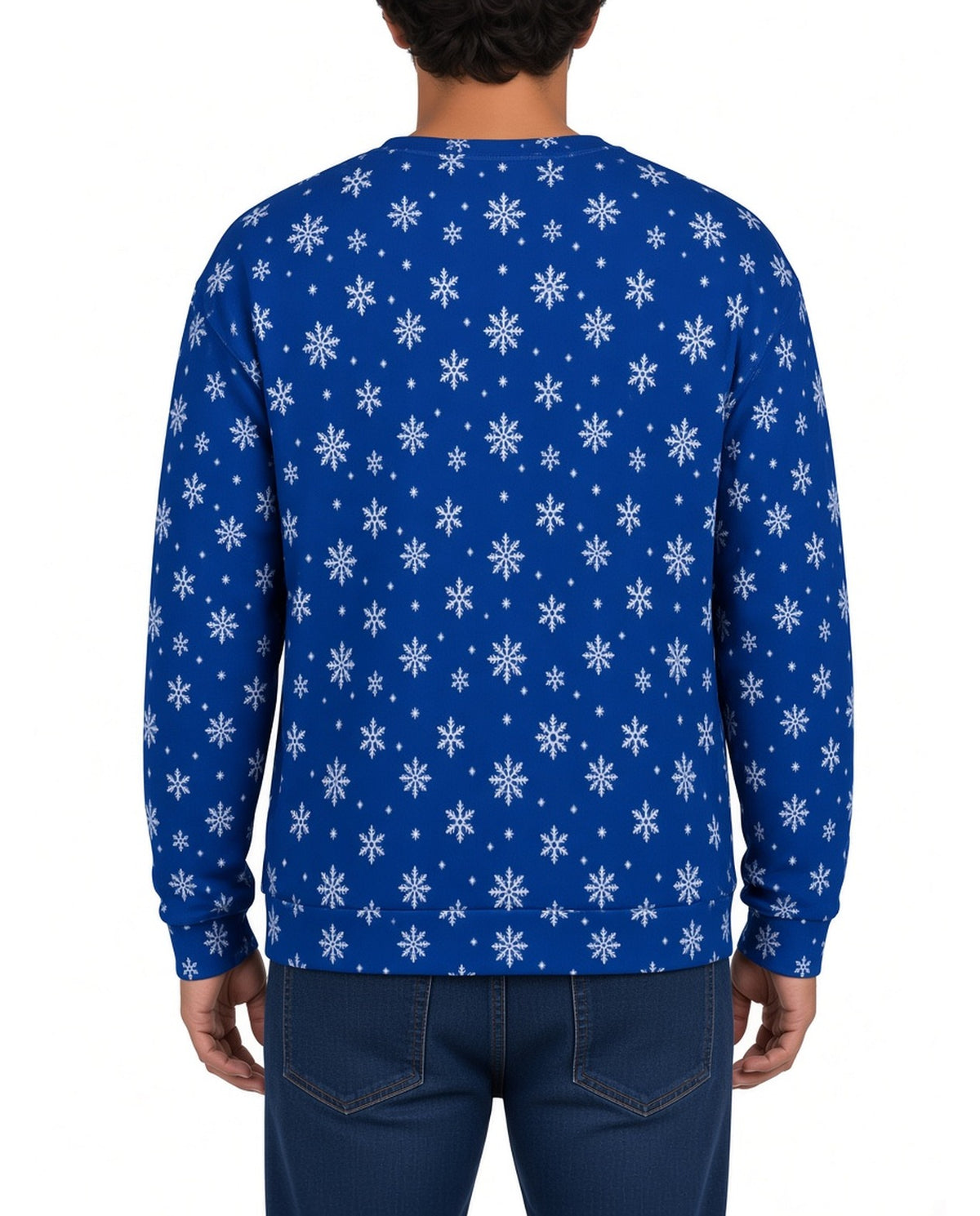 Rollin With My Snowmies Funny Christmas Sweater in BLUE, back, worn by man