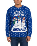 Rollin With My Snowmies Funny Christmas Sweater in BLUE, front, worn by man