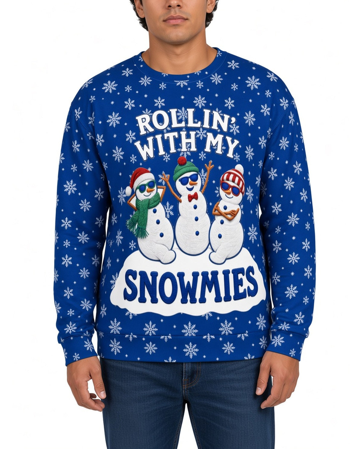 Rollin With My Snowmies Funny Christmas Sweater in BLUE, front, worn by man