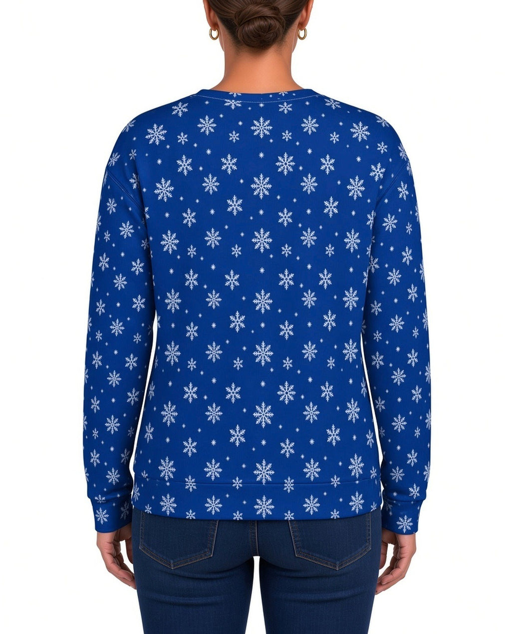 Rollin With My Snowmies Funny Christmas Sweater in BLUE, back, worn by woman