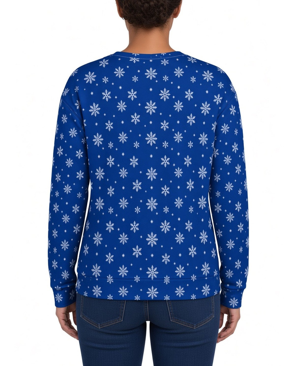 Rollin With My Snowmies Funny Christmas Sweater in BLUE, back, worn by woman