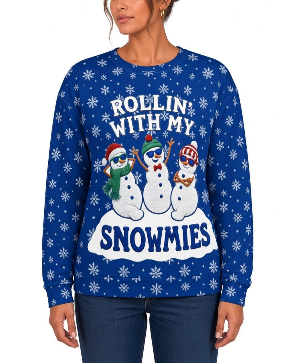 Rollin With My Snowmies Funny Christmas Sweater in BLUE, front, worn by woman