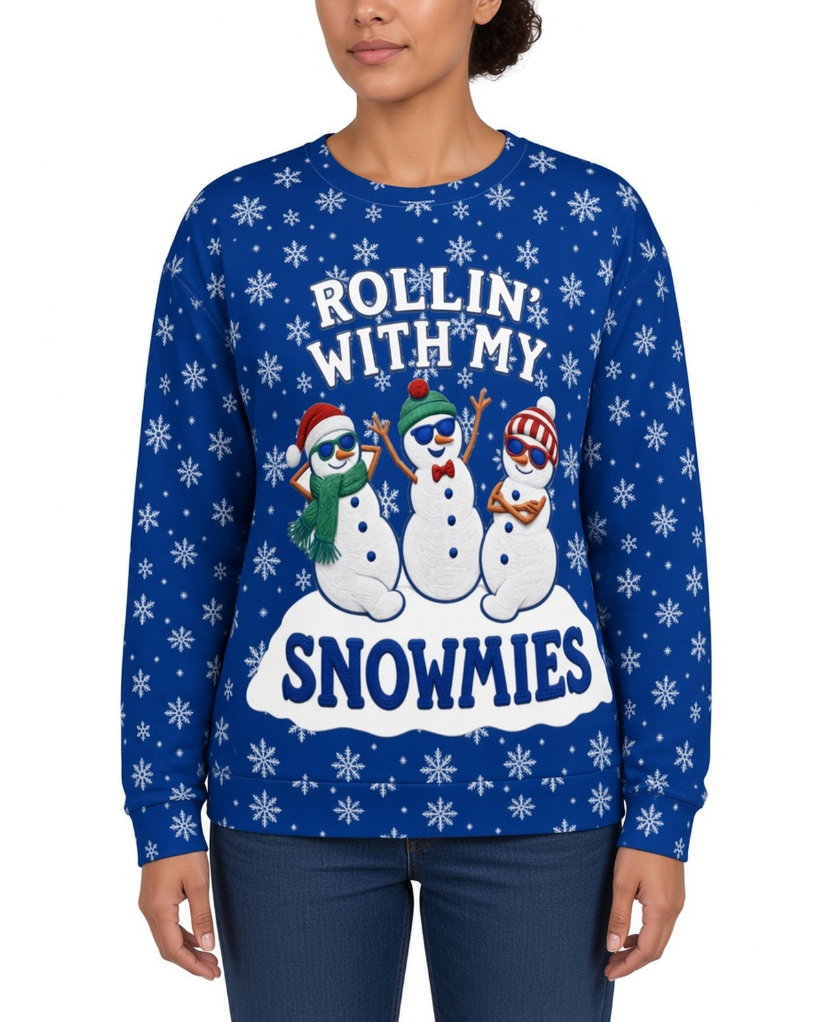 Rollin With My Snowmies Funny Christmas Sweater in BLUE, front, worn by woman