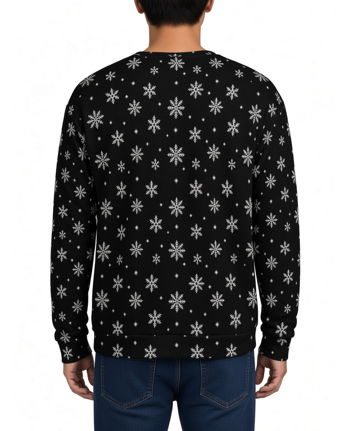 Santa Peeing Leaky Roof Funny Christmas Sweater in BLACK, back, worn by man