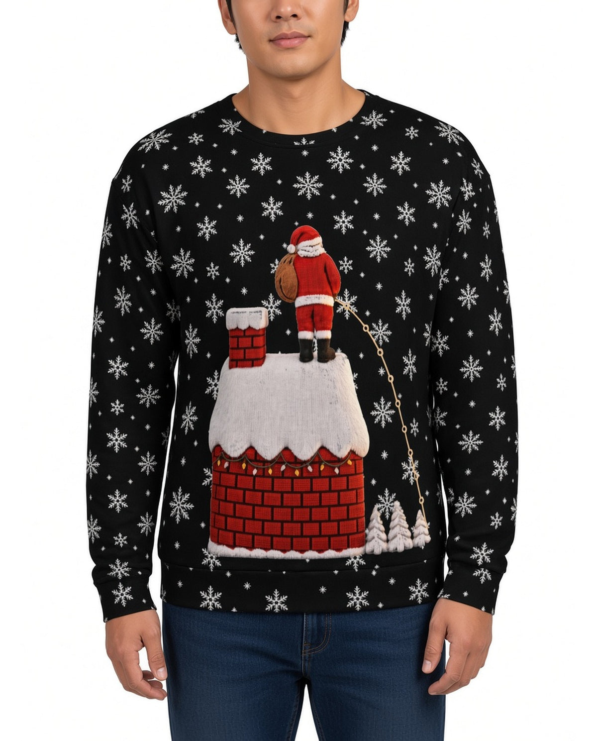 Santa Peeing Leaky Roof Funny Christmas Sweater in BLACK, front, worn by man